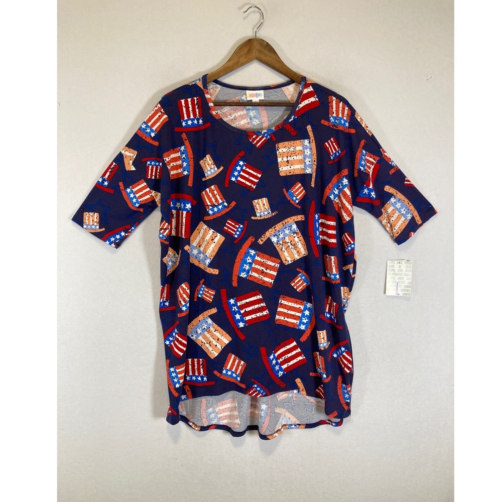 Patriotic LuLaRoe Women Large Navy Blue Uncle Sam‎ Hat Star Irma High-Low Tunic